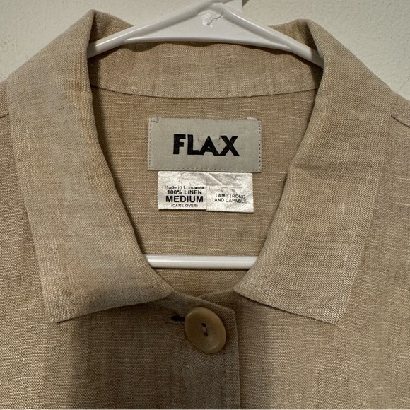 Flax tan linen long sleeve over shirt tan M button front - Picture 3 of 7